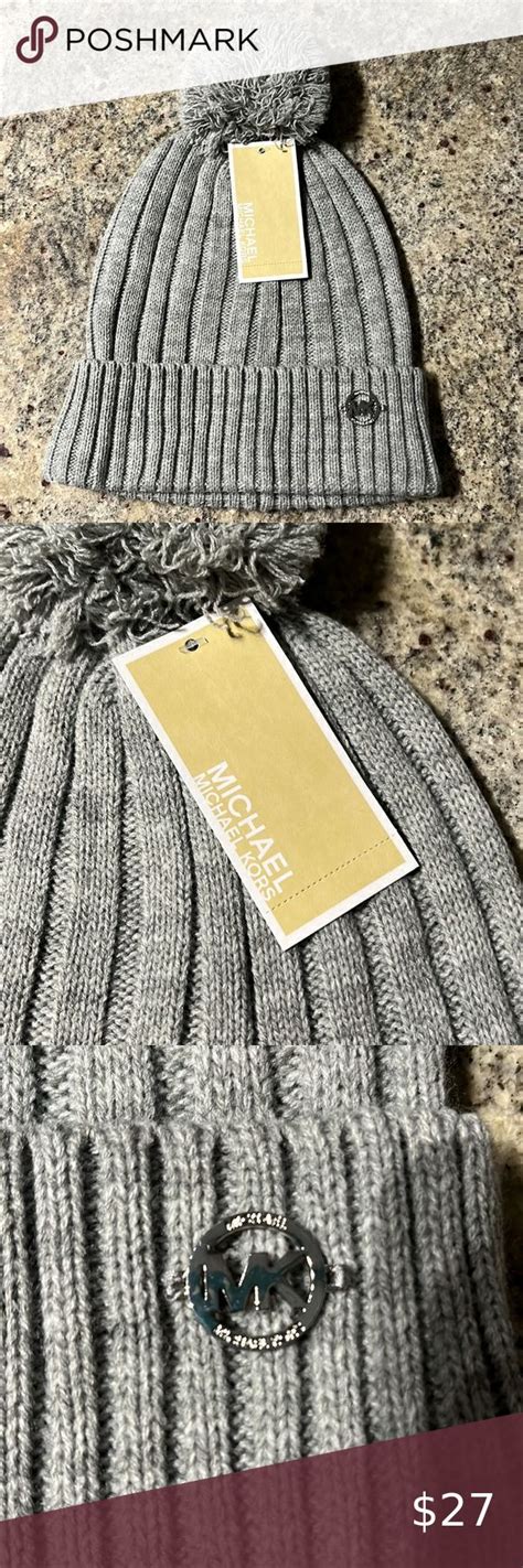 michael kors grey beanie with pom|Michael Kors intarsia beanie.